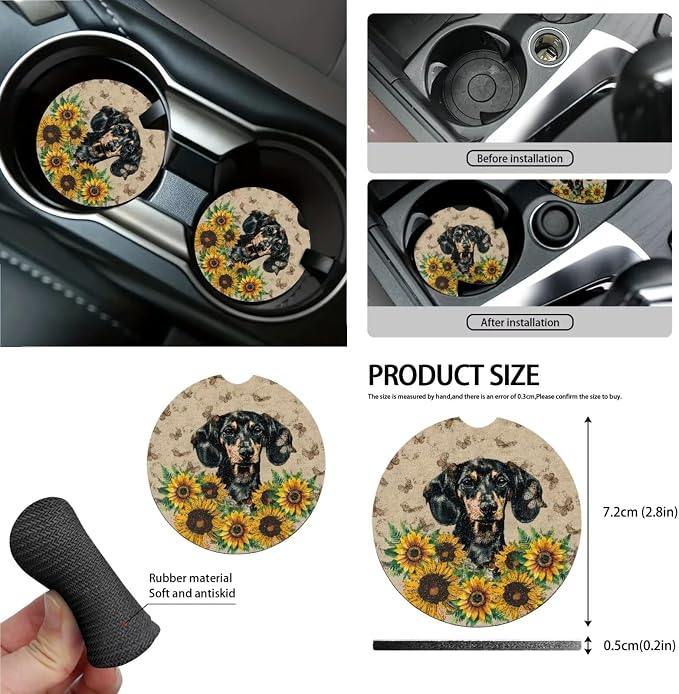 Dachshund Sunflower Butterfly Print Car Seat Covers Full Set, Auto Accessories Pack of 13, 1 Soft Steering Wheel Cover, 4 Seat Belt Covers, 4 Washable Coasters, Universal Fit Most Cars