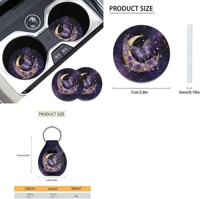 Suobstales Butterfly Moon Rose Marble Print Car Accessories for Women Men Car Seat Covers Full Set Interior Cover Seat Protectors with Steering Wheel Cover, Seat Belt Pads, Coaster, Keychains