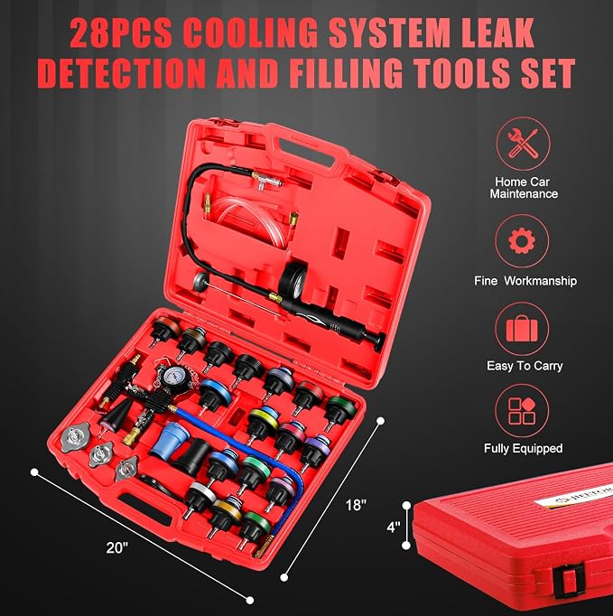 JIFETOR Radiator Coolant Pressure Tester Vacuum Refill Tool Kit, 28PCS Automotive Cooling System Leak Test and Pneumatic Purge Fill Set with Testing Adapter Caps Universal for Airlift Car Auto Truck