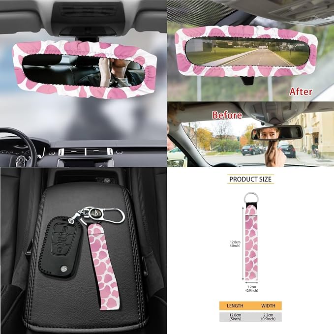 Cow Print Car Seat Covers Full Set with Steering Wheel Cover for Women Universal Auto Interior Accessories for Truck Sedan SUV Decorative Safety Belt Pads Cup Cushions, Pink