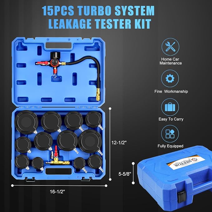 Turbo Boost System Leak Tester 15PCS Kit Test Turbocharger Intercooler Pipe | Turbine Leakage Detector with 0-6Bar Gauge, 6 Pairs Stepped Adapters (46mm to 100mm Quick-Connect Inlet & Sealed Outlet Plug)