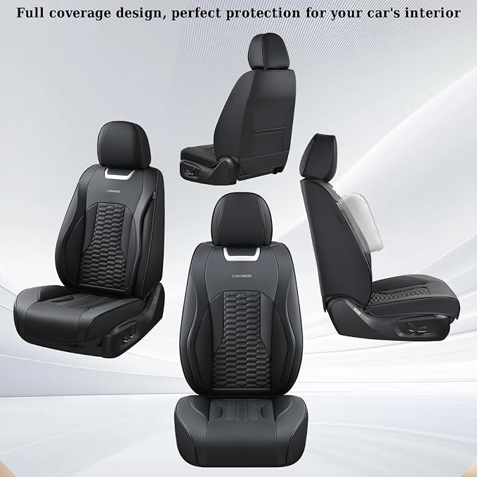 Coverado Car Seat Covers Full Set, Nappa Leather Seat Covers for Cars, Waterproof Automotive Car Seat Covers Interior Accessories Universal Fit Most Sedans, SUVs, Pick-up Trucks (Black)