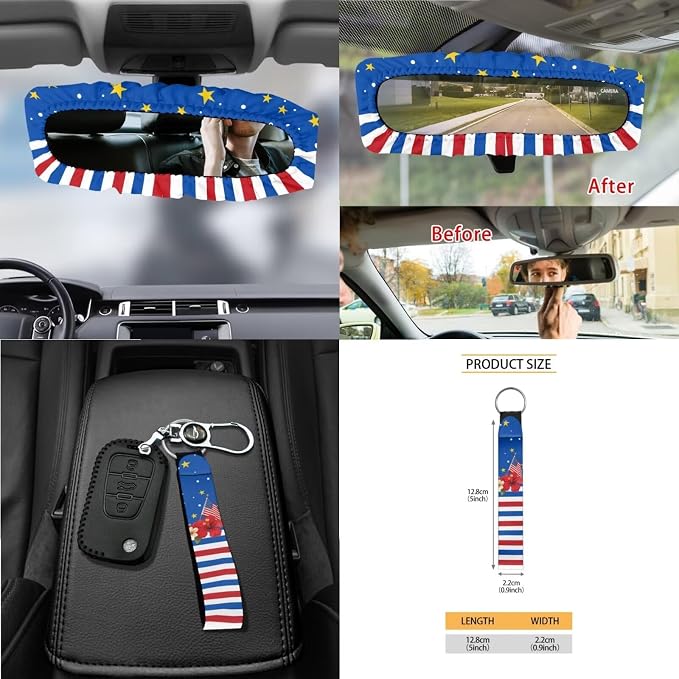 Wanyint Car Seat Cover Set 15 PCS, with Steering Wheel Seat Belt Rearview Mirror Cover Garbage Cans Air Vent Pouch Coasters Keychain US 250th Anniversary Auto Decor, American Flag Hibiscus Eagle
