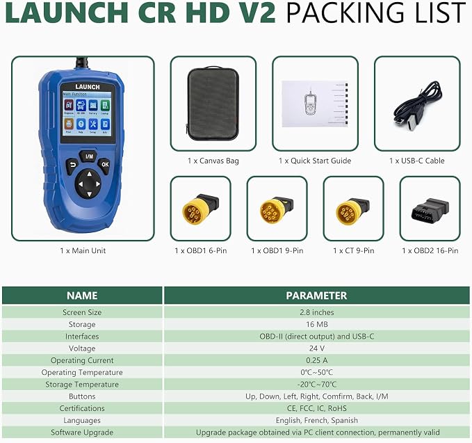 LAUNCH Creader HD V2 Heavy Duty Truck Diagnostic Scanner 2-in-1 HDOBD OBD-II EOBD Code Reader for Freightliner, for Paccar, for International, for Volvo, for Cummins, for Caterpillar HD OBD Scan Tool