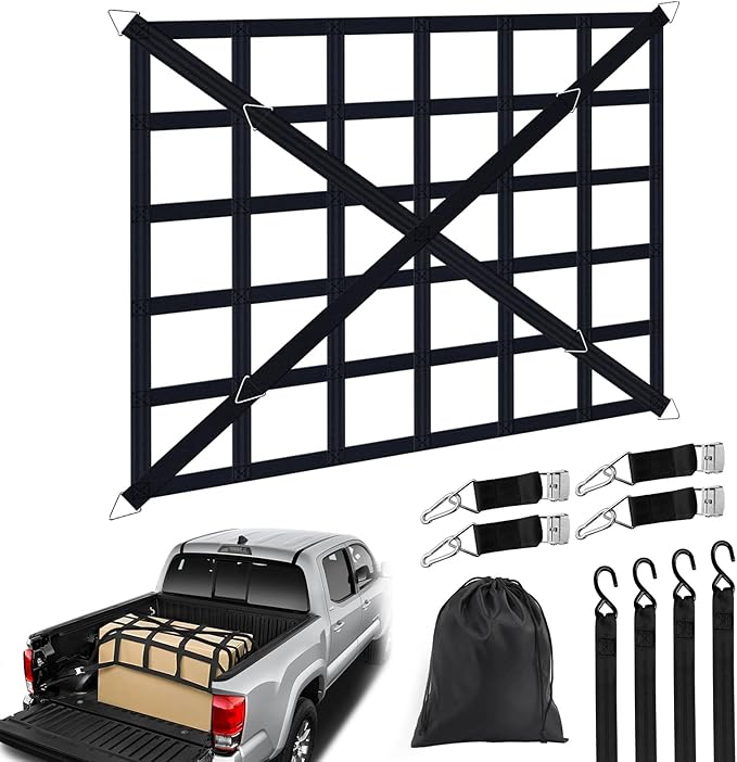 Cargo Net for Pickup Truck Bed, Heavy Duty 1100 lbs Capacity, Adjustable Cam Buckles & S-Hooks, Thick Herringbone Nylon, with Drawstring Storage Bag for Trailers and Trucks (50in*43in)