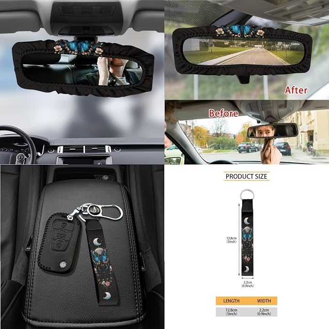 Butterfly Rose Moon Flower Pattern Car Accessories Set of 15, Full Set Seats Covers, Auto Streering Wheel Cover Trash Bin, Seat Belt Cover Keychain Coasters Air Vent Storage Bag