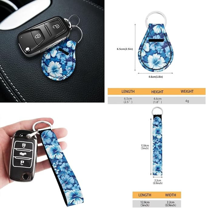 Howilath Blue Hibiscus Flower Car Front Seat Cover 10 Pack Auto Accessories with Center Console Cover+Steering Wheel Cover+Seatbelt Pads+Keychain+Coasters Fit Most Vehicle