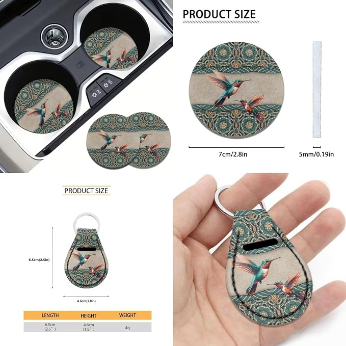 Suobstales Boho Hummingbird Mandala Car Seat Cover for Women Full Set SUV Interior Accessories Front/Back Bench Bucket Seat Cover,Steering Wheel Cover,Seat Belt Cover,Cup Holder Coasters,Keychain