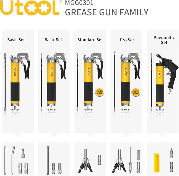 UTOOL Grease Gun | 8000 PSI Heavy Duty Pistol Grip Grease Gun Kit, 14 oz Capacity, 18 Inch Resin Flex Hose, 2 Basic Coupler and 1 Extension Rigid Pipe