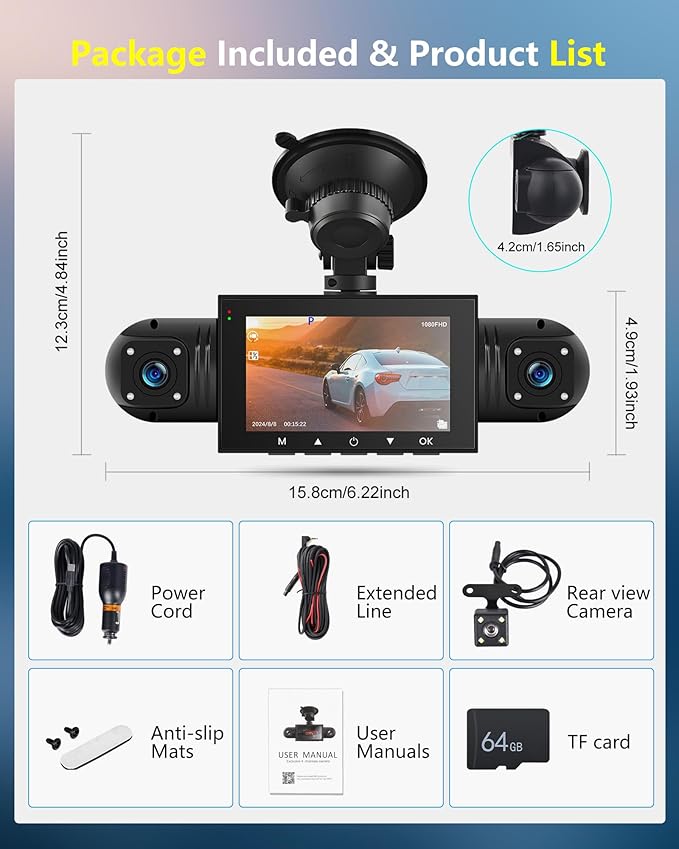 3" 4 Channel Mirror Dash Cam Front and Rear Inside Left Right 1080P Dash Camera with G-Sensor Motion Detection 8 IR Lamps Night Vision Loop Recording Parking Assistance Exposure Compensation