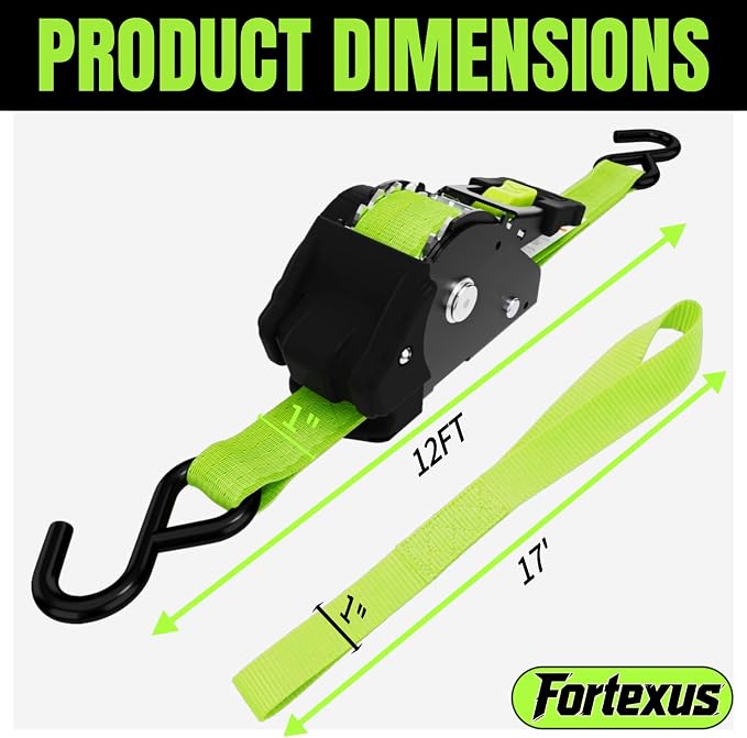 Retractable Ratchet Straps, 4-Pack, 1 Inch x 12 Feet, 1,760lb Break Strength, Self Retracting Tie Down for Truck, Cargo Trailer, Motorcycle, ATV, UTV (Neon Green, 4pack)