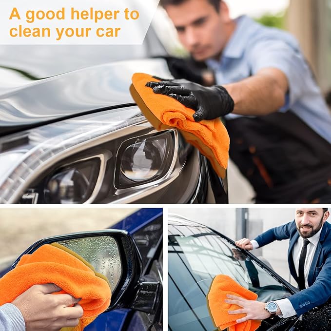 Shimeyao 30 Pcs Edgeless Microfiber Plush Towels for Cars Detailing Drying Wash Polishing Absorbent Cleaning Cloths, 500 GSM (16 x 16 Inch,Orange)