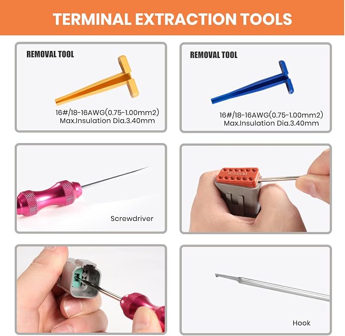 634PCS 50Kits DT Connector Kit, Crimping Tool for Deutsch Connectors, Terminal Removal Tool, 2 3 4 6 8 12 Pin Waterproof Automotive Electrical Wire Connector, Size 16 Stamped Contacts 14-18AWG