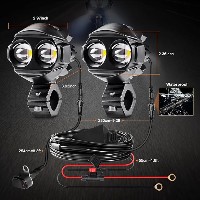 Motorcycle Auxiliary Lights,LEDMIRCY Motorcycle Fog Lights with Switch Wiring Harness Ip68 Waterproof Driving Spot Light with Mount Brackets Exploradoras LED para Moto for ATV Snowmobile Boat etc