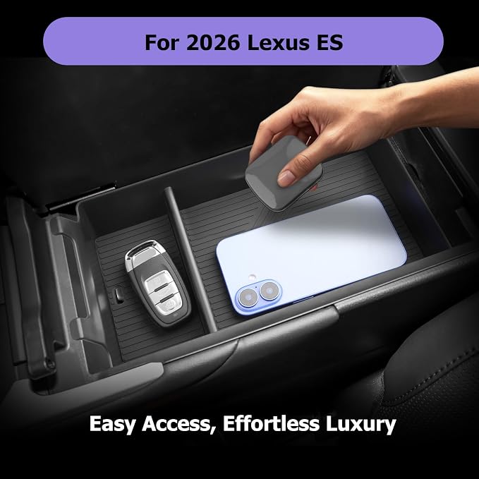 LUWU 2026 Lexsu ES350h/ES350e/ES500e Center Console Organizer for 2026 ES 350h/ES 350e/ES 500e Accessories Armrest Console Storage Box Insert Tray ABS Material Coin Container with Black Non-Slip Mat