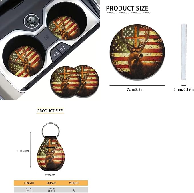 Suobstales Deer Cross American Flag Print Car Seat Covers 11 Pcs Car Accessories Interior Set Auto Front Rear Split Seats Protectors with Steering Wheel Cover, Seatbelt Pads, Cup Holder, Keychain