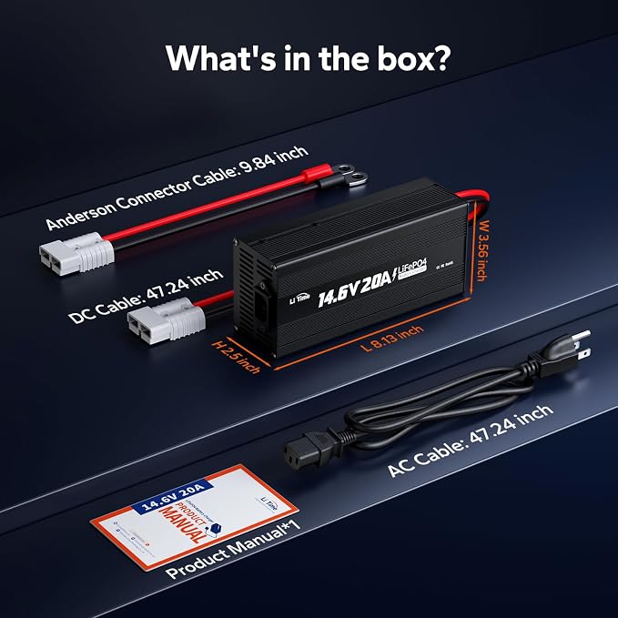 LiTime 12V 20A Lithium Battery Charger, AC-DC Charger with Anderson Connector & LED Indicator for 14.6V LiFePO4, Smart Charger for RV, Off-Grid, Home, Deep Cycle Battery, Solar System