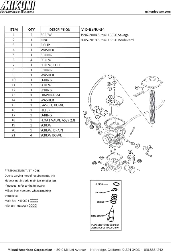 Mikuni Carburetor Rebuild Kit for Suzuki Motorcycles