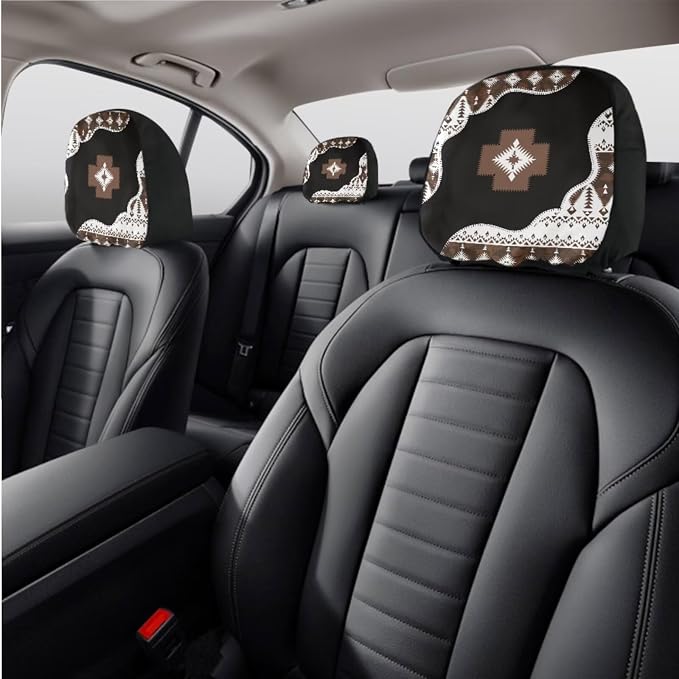 Wanyint Southwest Aztec Black Brown Car Seat Protector - 11 PCS Set with Steering Wheel, Headrest, Cup Coasters, Handbrake, Gear Shift Knob Covers