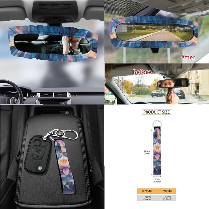 Lotus Digital Painting Pattern Auto Accessories Set of 15, Car Seat Cover Steering Wheel Cover Seat Belt Cover Air Vent Storage Bag Keychain Trash Bin and Mirror Cover