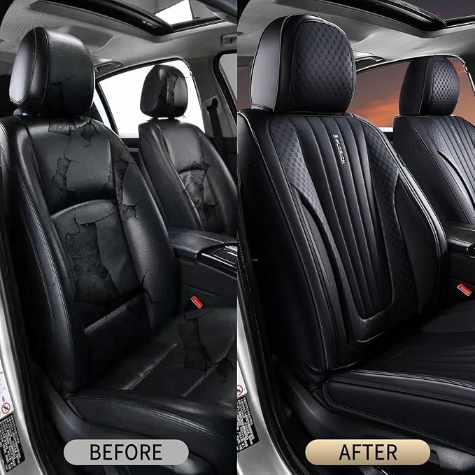 FLORICH Car Seat Covers, Black Leather Car Seat Covers Front Seats, Premium Leatherette Car Seat Cushion for Cars, Automotive Seat Protectors Universal Fit for Most Sedans Cars SUV Trucks