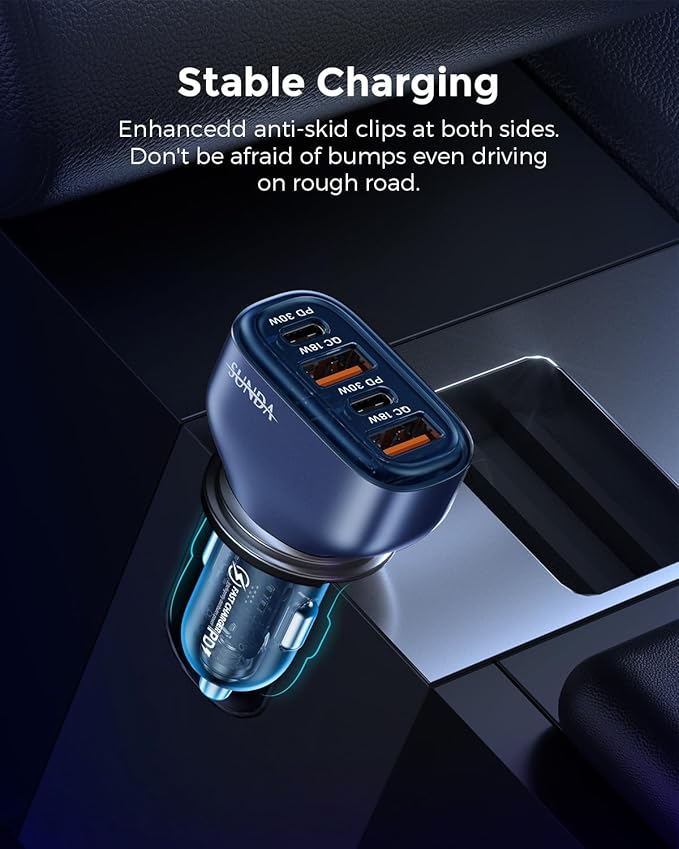 SUNDA 60W USB C Fast Car Charger, 4-Ports Car Charger Adapter, Dual Type C PD30W/PPS30W Compatible with iPhone17/16 Pro/Max/iPhone15/Galaxy/SamsungS25, Dual USB-A 18W QC3.0 for Android(Blue)