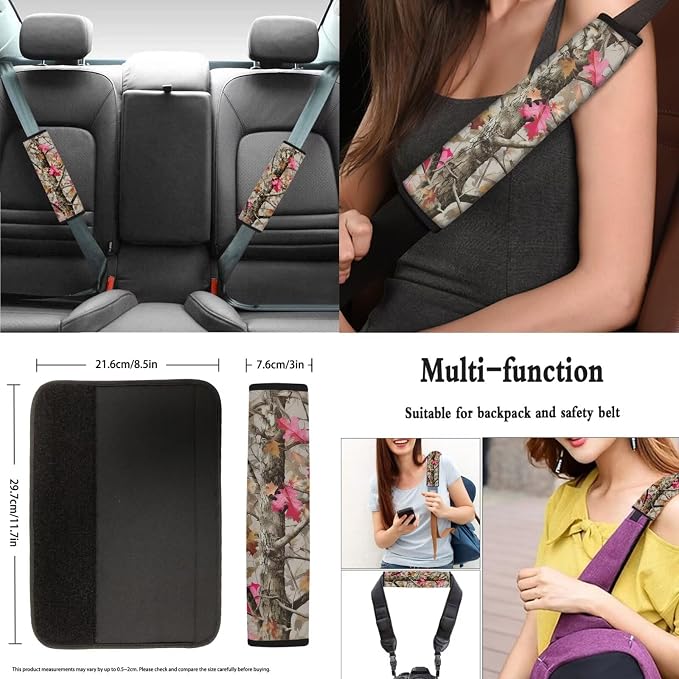 8 Pcs Camo Maple Leaves Car Seat Covers Full Set Car Accessories for Women Front Seat Cover Steering Wheel Armrest Cover Seat Belt Cover for Auto SUV Interior Decoration