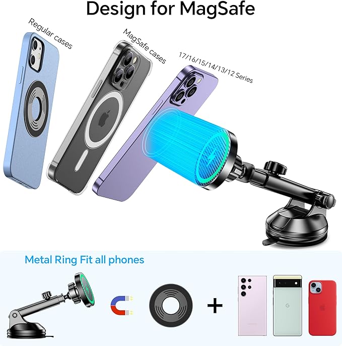 Coolpow for MagSafe Car Mount ChargerใUltra Magnetใ Magnetic Phone Holders for Your Car ChargerใWindshield+Vent+Dashใ Magnetic Wireless Car Phone Holder Charger Car Mount for iPhone 17 (Carbon Fiber)