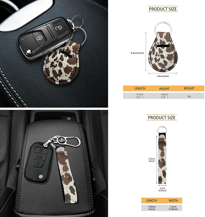 Brown Cow Print Car Seat Covers Full Set Steering Wheel Cover Set of 18 Universal Handbrake Cover,Center Console Cushion,Headrest Protector,Seat Belt Pad,Cup Holder Coaster and Keychain