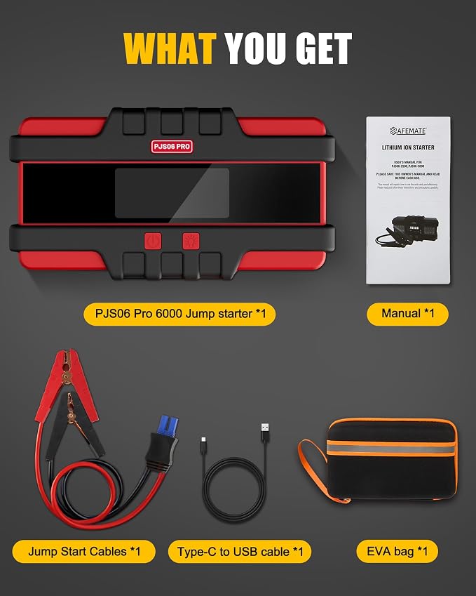 Battery Jumper Starter Portable, 6000A (12V) - Portable Booster Pack with Voltage Detection & Protection for Gas/Diesel (Up to All / 12L)