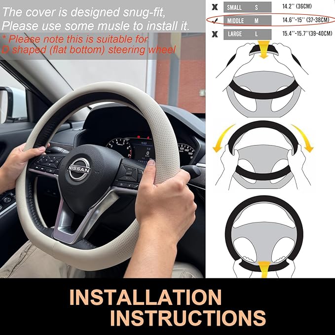 PINCTROT D Shaped Nappa Leather Steering Wheel Cover, Slim Fit No Bulk Design, One Piece Leather with Breathable Perforation, Fit Like Gloves, Flat Bottom 14.5-15 Inch(Nappa Beige)