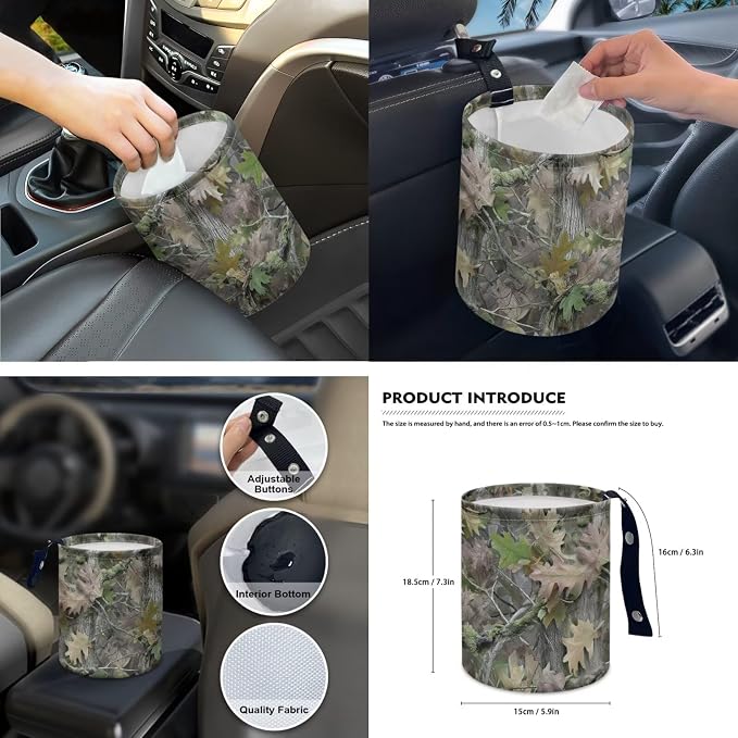 15 Pcs Green Camouflage Car Seat Covers Full Set for Women Men Car Accessories Interior Car Steering Wheel Cover Seatbelt Covers Trash Bin Rear View Mirror Cover Cup Holders Keychain