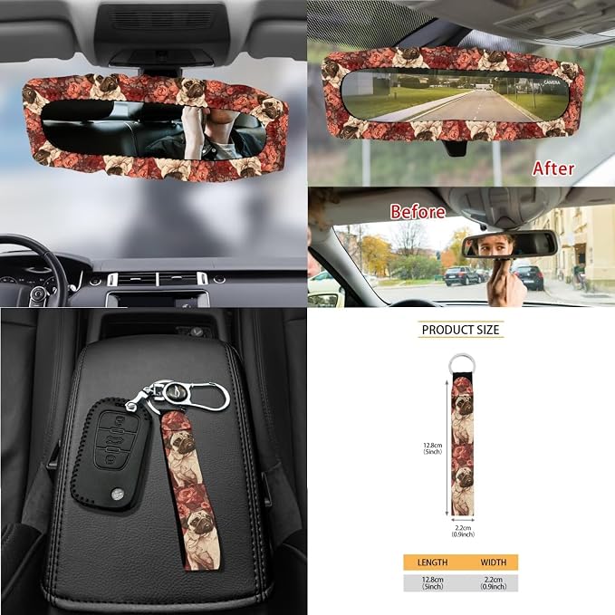 Pug Dog Flower Print Auto Seat Cushion + Steering Wheel Protector + Coaster + Mirror Cover + Seatbelt Pad + Trash Can + Air Vent Storage Poacket + Keychain, Set of 15