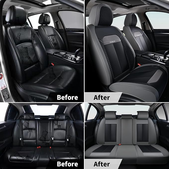 FLORICH Full Set Car Seat Covers 5pcs, Breathable Waterproof Nappa Leather Seat Covers, Gary Seat Covers, Automotive Interior Cover Universal for Cars SUV Truck Sedan - Gary&Black