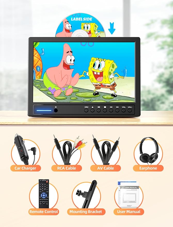 Arafuna 12.5" Car DVD Player with Headphone, Portable DVD Player with Headrest Mount, Suction-Type Disc in, Headrest DVD Player Support 1080P Video, HDMI Input, AV in/Out, USB/SD Card Reader