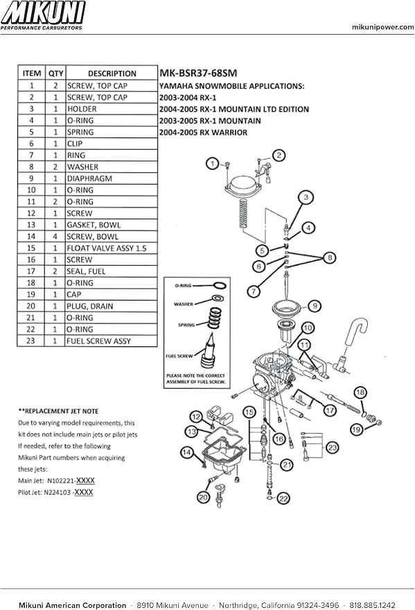 Mikuni Carburetor Rebuild Kit for Yamaha RX Snowmobiles with Mikuni BSR Carburetors