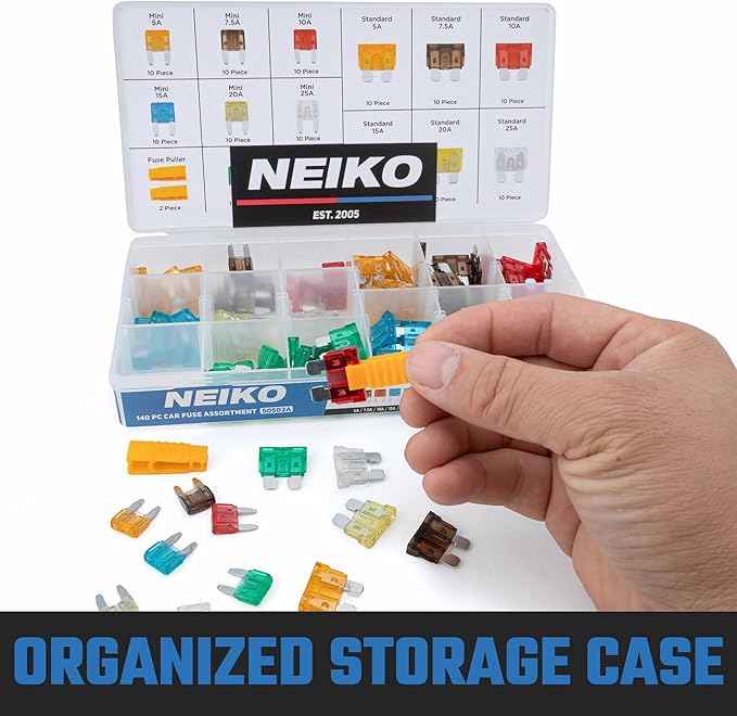 NEIKO 50502A Car Fuses Assortment Set, 140pc, Fast Acting, Auto Fuses Kit, Standard and Mini Sizes, 5A, 7.5A, 10A, 15A, 20A, 25A, and 30 Amp, Marine Boat, Automotive, RV, Car Fuse Kit, Fuse Puller