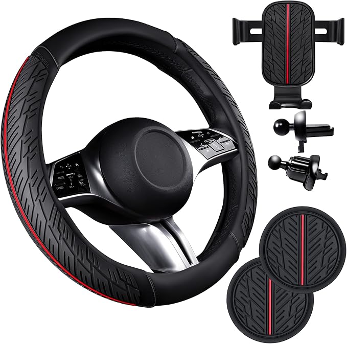 CAR PASS Universal Leather Sport car seat Covers&Leather Rubber Steering Wheel Cover Set,Equipped with Mobile Phone Holder and Non-Slip Cup Mat,Suitable for Steering Wheel 14.5-15”Black Red