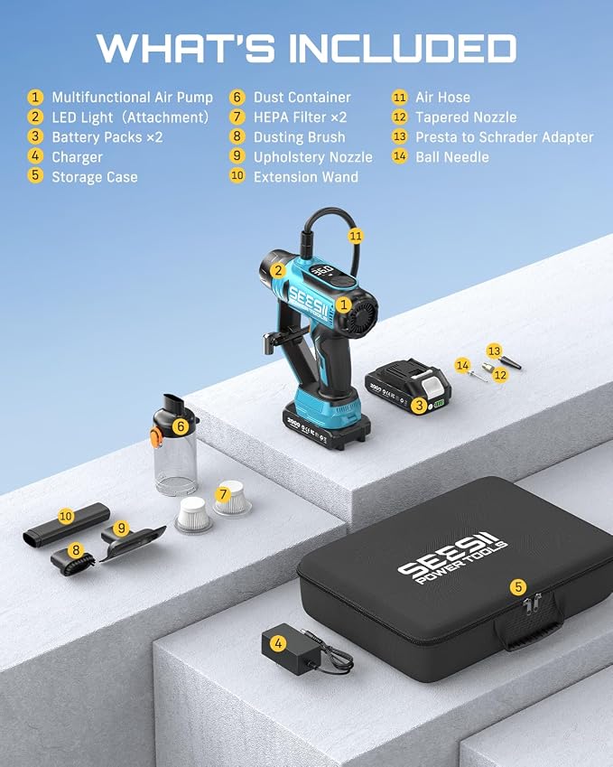 SEESII Tire Inflator Portable Air Compressor, 21V Cordless 150PSI Car Air Pump with 2ร2000mAh Batteries, 2-IN-1 Tire Inflator & Car Vacuum 20000Pa Suction, Digital Gauge, LED Light for Car, Ball, Bike
