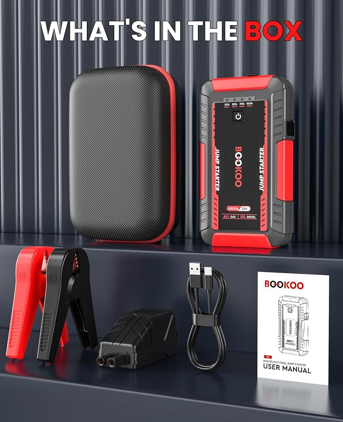 BOOKOO H8 Jump Starter 4500A Car Jumper Battery Pack for All Gas and 10L Diesel Engines,12V Car Battery Charger with Jumper Cables,USB QC3.0,LED Light