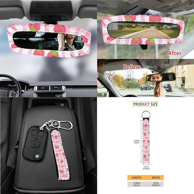 Strawberry Bowknot Print 18Pcs Automotive Seat Covers & Accessories Full Set High Back Bucket Seat Covers for Car Front and Back Seats with Steering Wheel Cover Safety Belt Pads etc