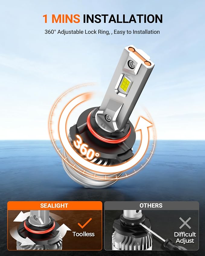 SEALIGHT 9005 Bulbs, 90,000LM 1400% Brightness, HB3 9005 6500K Cool White LED Bulbs, IP68 Waterproof 70000Hrs Lifespan, 5X Heat Dissipation driving LED Bulbs, Plug and Play, 2 Pack