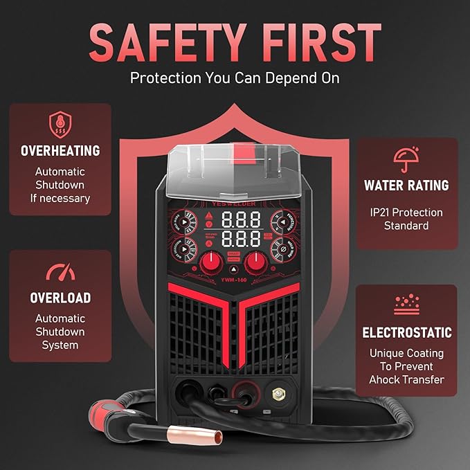 YESWELDER 160A MIG Welder, 110V/220V Dual Voltage, 4 in 1 Gas MIG/Flux Core MIG/Lift TIG/Stick Multiprocess Large LED Digital Display MIG Welding Machine