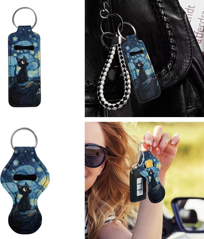 Black Cat Starry Night Print Car Accessories Car Seat Covers Full Set with Steering Wheel Covers+Seat Belt Pads+Coasters+Keychain+Lipstick Holder Universal Fit 13 Pack