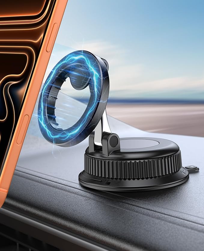 Magnetic Car Phone Holder for MagSafe, Reinforced Zinc Alloy Hinge, Suction Cup Car Phone Mount for Dashboard/Windshield, 360° Rotatable & Foldable Phone Holder for iPhone 17 16 15 14 13 12