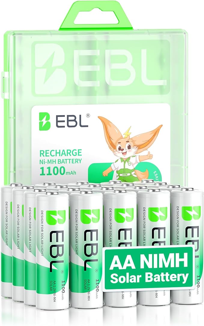 EBL 1100mAh Solar AA Batteries for Outdoor Solar Lights Garden Lights Household Devices, Pre Charged AA Rechargeable Batteries 1.2V High Performance (Pack of 20)