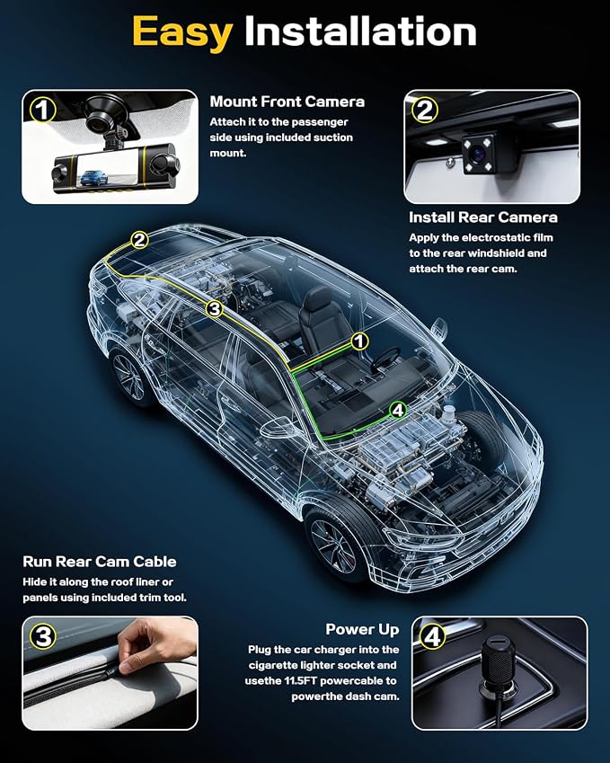 4 Channel 360ยฐ Dash Cam Front Rear Inside and Left Right, 4K+1080P*3 FHD Car Camera, 5GHz WiFi and App Control, 24H Parking Mode, 8 IR Lamps Night Vision, Includes 64GB SD Card, Black