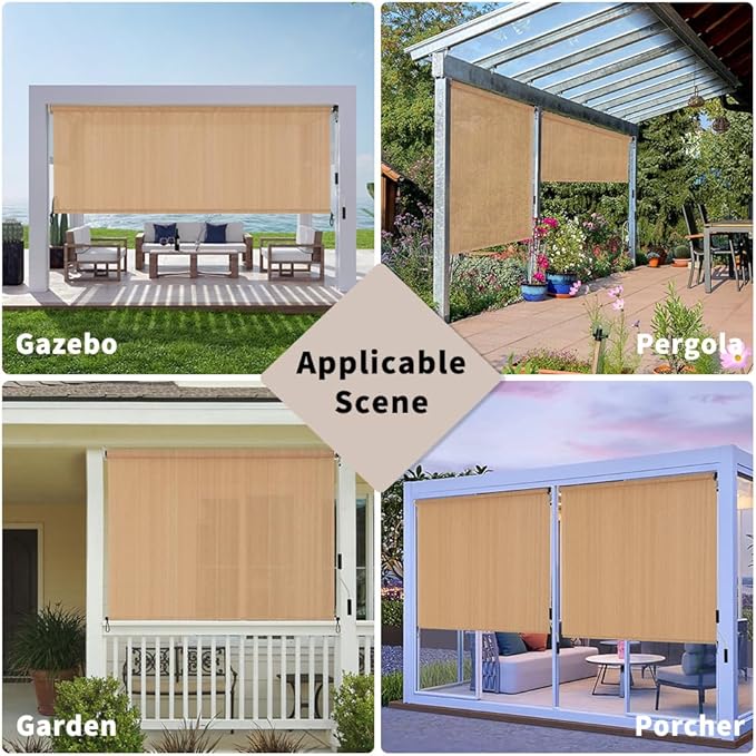 SMONTER Outdoor Sunshade Roller Shade 8'W x 6'H (96" Wx72 H), Exterior Cordless Roll Up Shades Blinds, UV Protection Shade Cloth with Crank Operation for Outside Windows Patio Porch Gazebo, Walnut