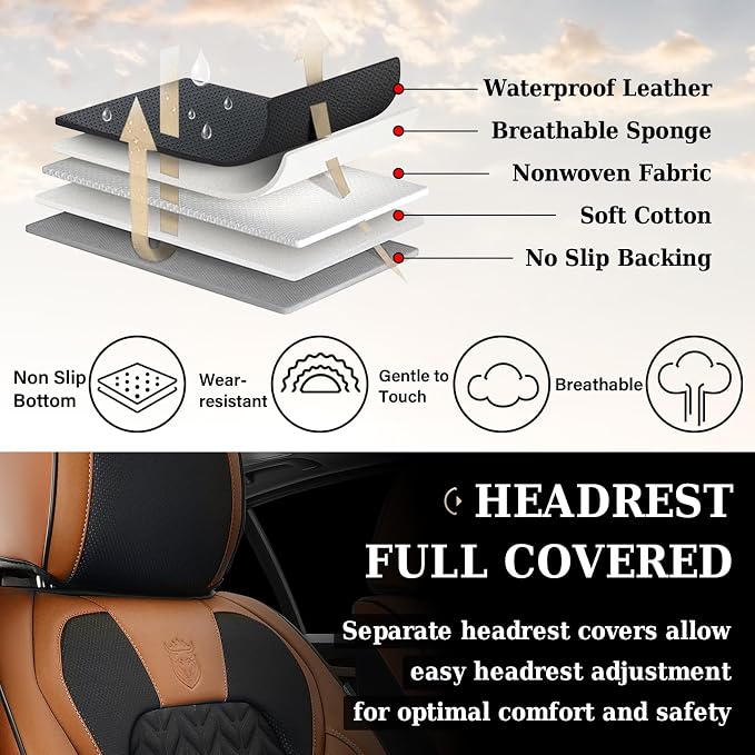 Coverado Seat Covers Full Set, 5 Seats Car Seat Cover, Front and Back Seat Covers for Cars, Breathable Faux Leather Car Seat Cushion, Car Seat Protector Universal Fit for Most Cars Vans, Brown