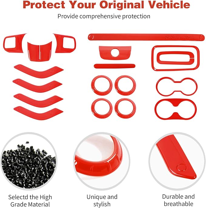 CheroCar 18PCS Interior Trim Kit for Jeep Wrangler JK JKU 2011-2018 4 Door,Steering Button Frame, Air Conditioning Vent Trim Cup Holder Cover,Gear Shift Knobs Frame,Red…